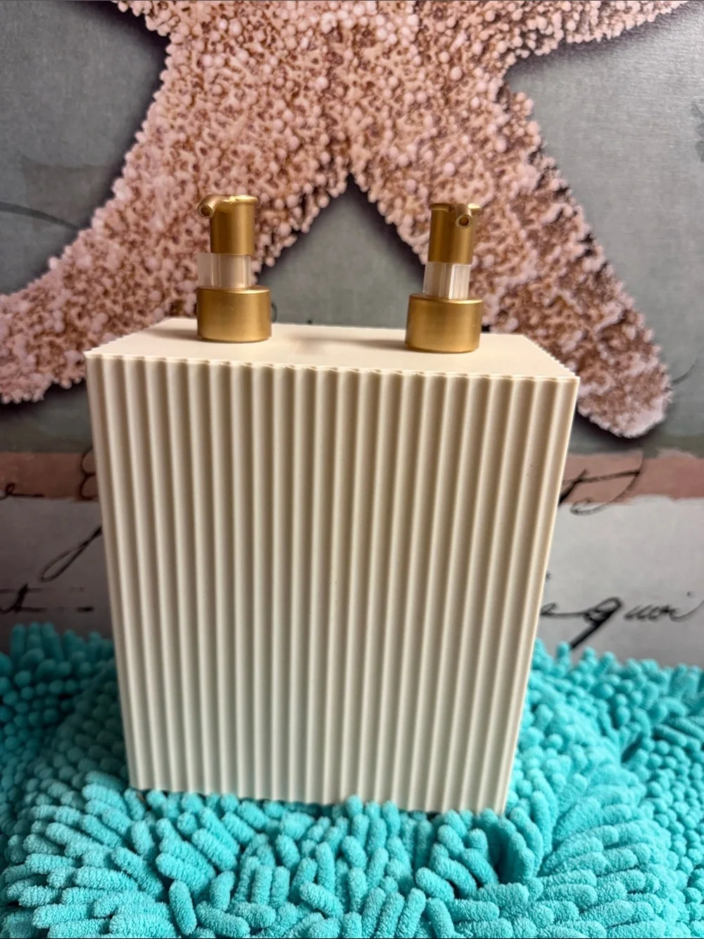 ❣️5|$25❣️Cream Ribbed Dual Soap Dispenser with Gold Pumps